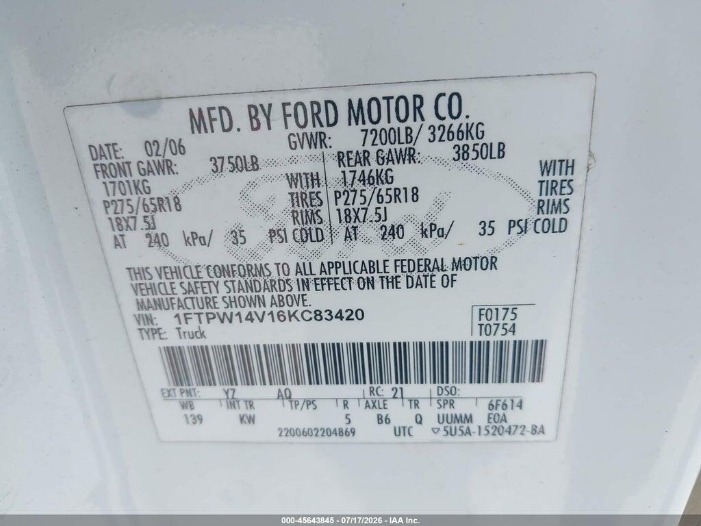 1FTPW14V16KC83420 2006 FORD F-150 photo no. 9