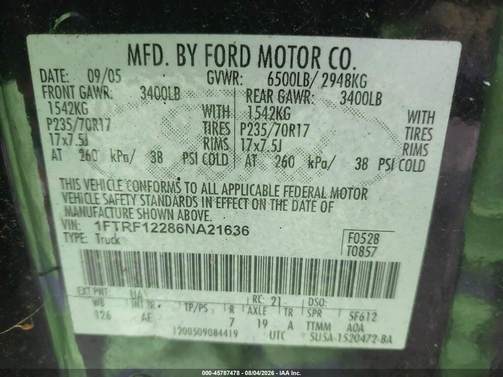 1FTRF12286NA21636 2006 FORD F-150 photo no. 9