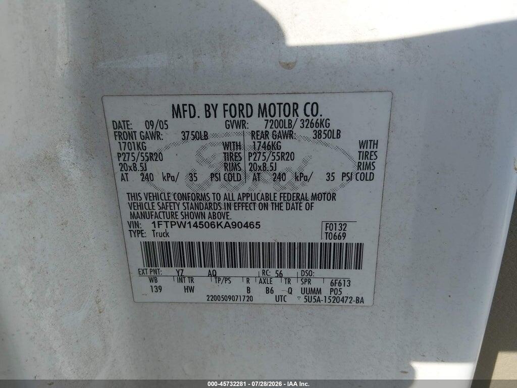 1FTPW14506KA90465 2006 FORD F-150 photo no. 9