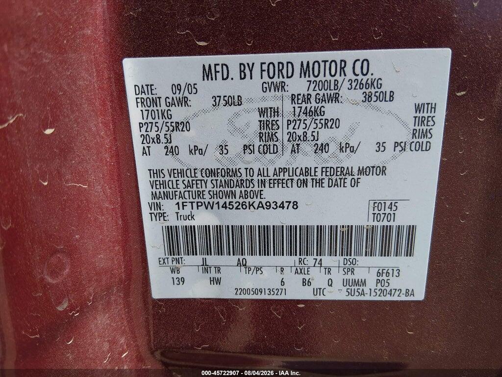 1FTPW14526KA93478 2006 FORD F-150 photo no. 9