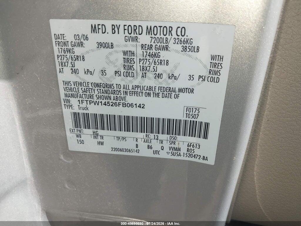 1FTPW14526FB06142 2006 FORD F-150 photo no. 9