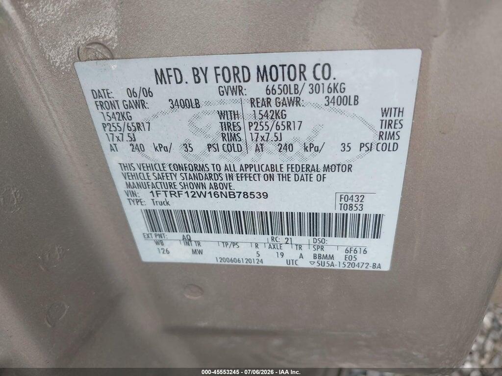 1FTRF12W16NB78539 2006 FORD F-150 photo no. 9