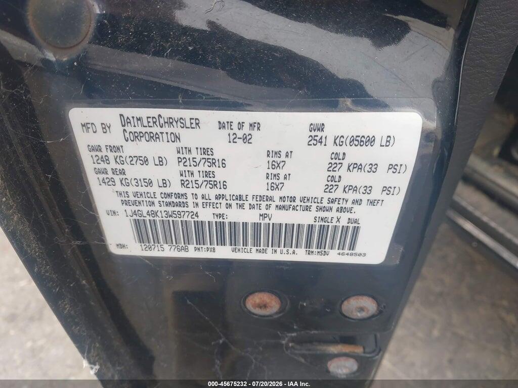 1J4GL48K13W597724 2003 JEEP LIBERTY photo no. 9
