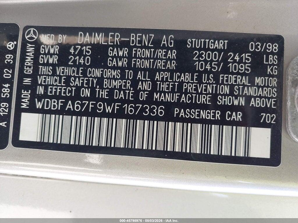 WDBFA67F9WF167336 1998 MERCEDES-BENZ SL 500 photo no. 9