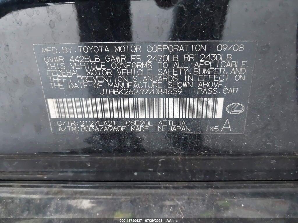 JTHBK262392084659 2009 LEXUS IS 250 photo no. 9