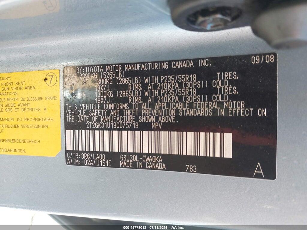 2T2GK31U19C075719 2009 LEXUS RX 350 photo no. 9