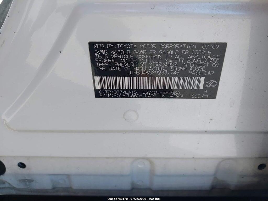 JTHBJ46GX92337745 2009 LEXUS ES 350 photo no. 9