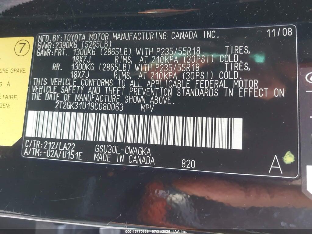 2T2GK31U19C080063 2009 LEXUS RX 350 photo no. 9