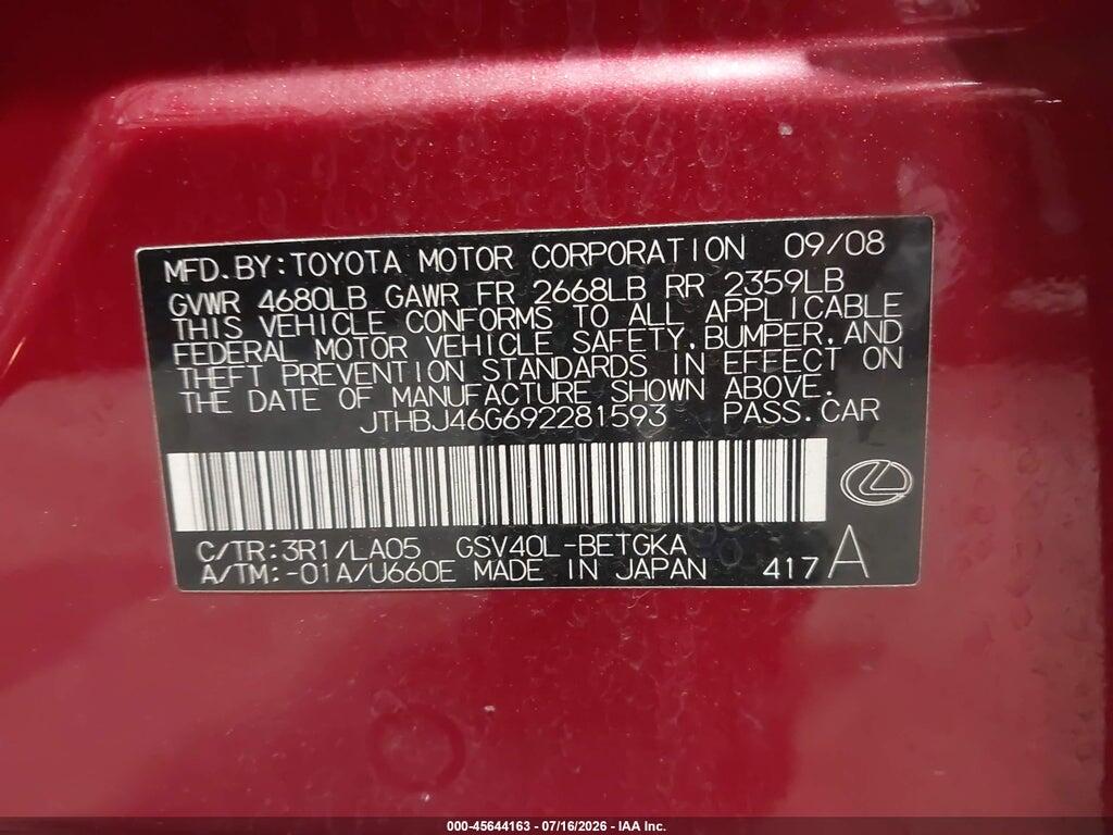 JTHBJ46G692281593 2009 LEXUS ES 350 photo no. 9
