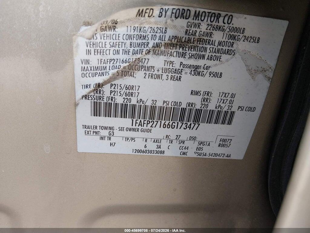 1FAFP27166G173477 2006 FORD FIVE HUNDRED photo no. 9