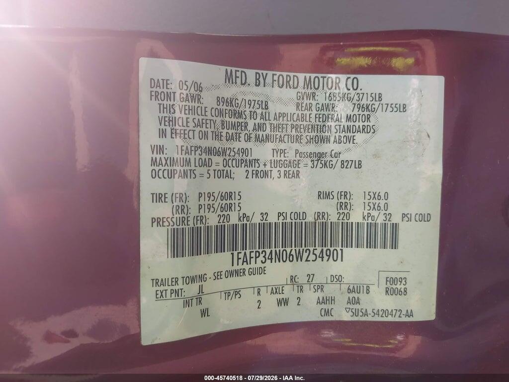 1FAFP34N06W254901 2006 FORD FOCUS photo no. 9