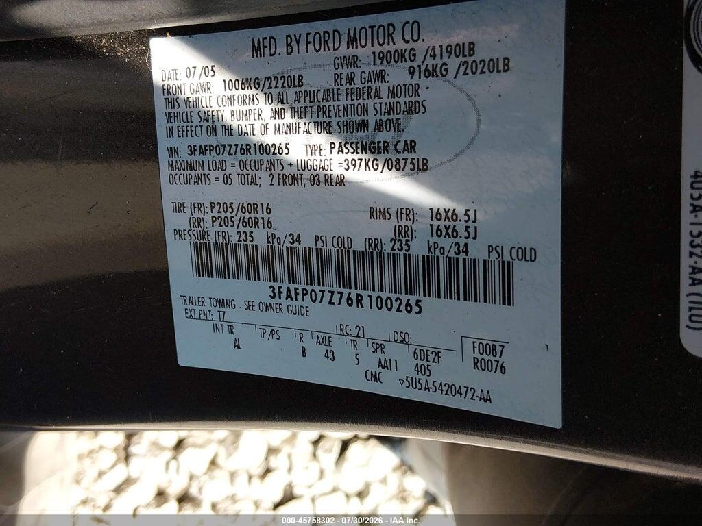 3FAFP07Z76R100265 2006 FORD FUSION photo no. 9
