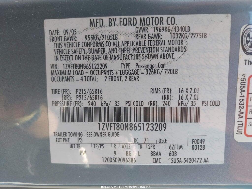 1ZVFT80N865123209 2006 FORD MUSTANG photo no. 9