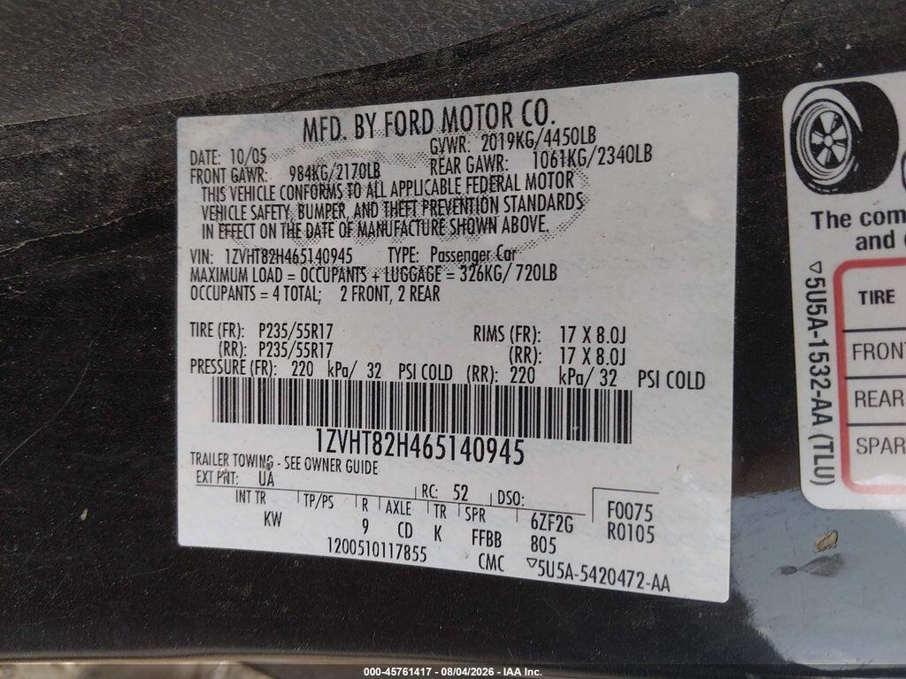1ZVHT82H465140945 2006 FORD MUSTANG photo no. 9
