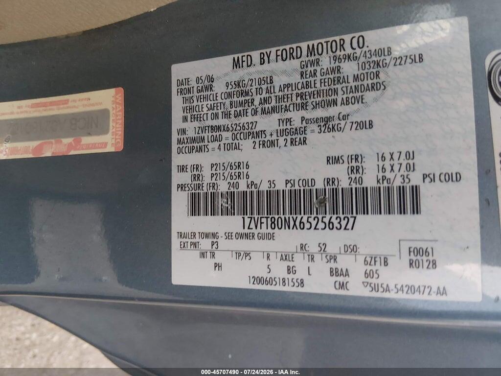 1ZVFT80NX65256327 2006 FORD MUSTANG photo no. 9
