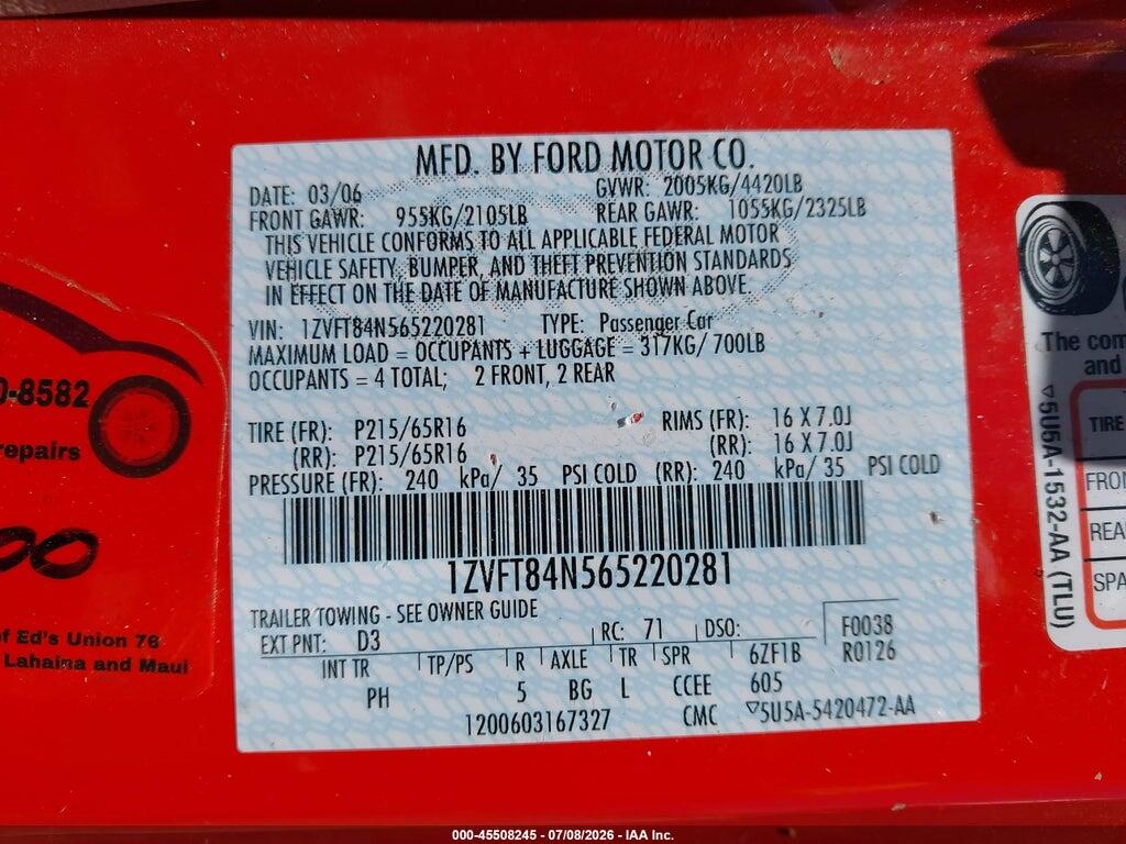 1ZVFT84N565220281 2006 FORD MUSTANG photo no. 9