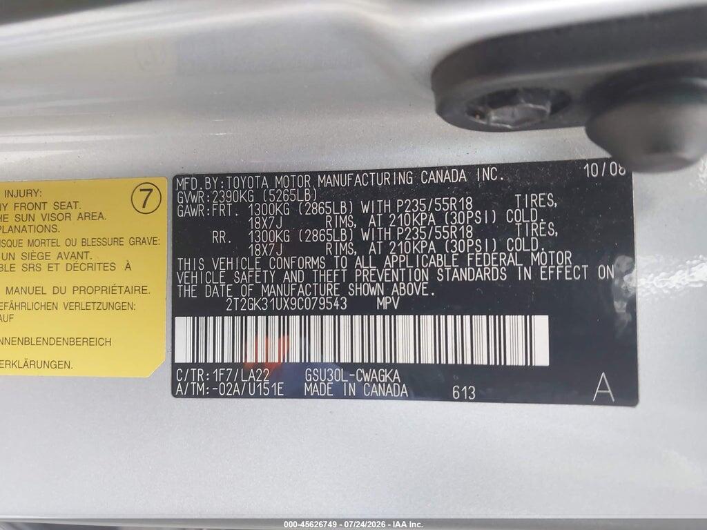 2T2GK31UX9C079543 2009 LEXUS RX 350 photo no. 9