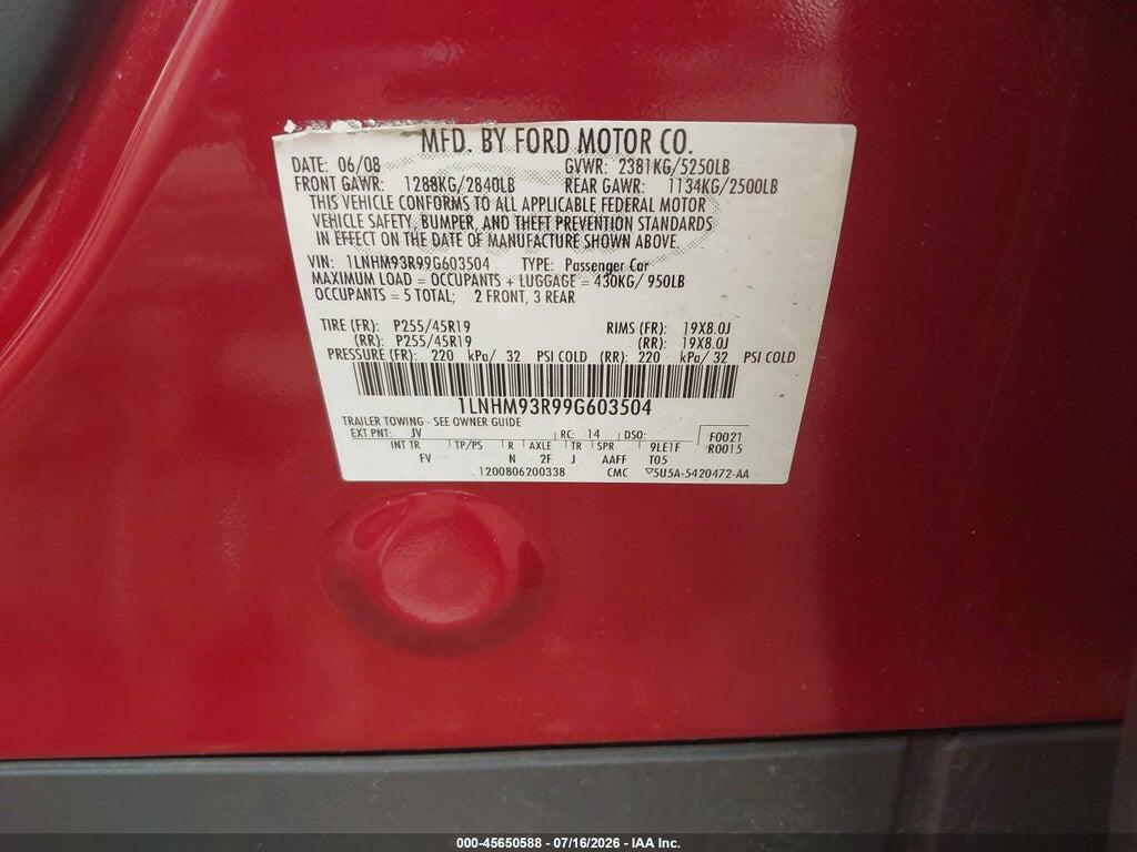 1LNHM93R99G603504 2009 LINCOLN MKS photo no. 9