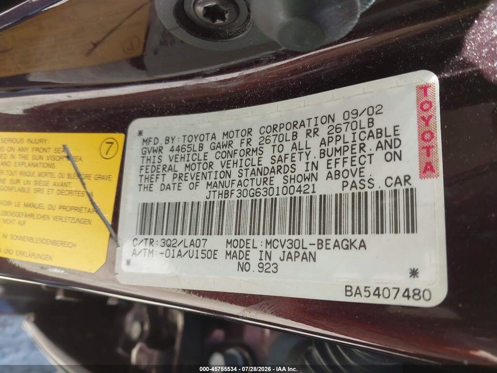 JTHBF30G630100421 2003 LEXUS ES 300 photo no. 9