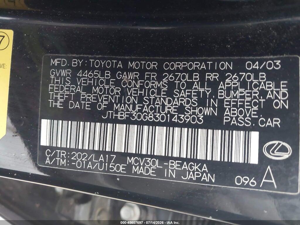 JTHBF30G830143903 2003 LEXUS ES 300 photo no. 9