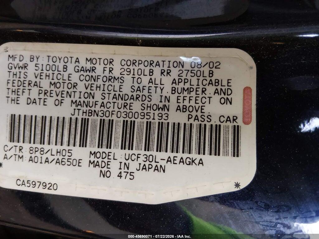 JTHBN30F030095193 2003 LEXUS LS 430 photo no. 9