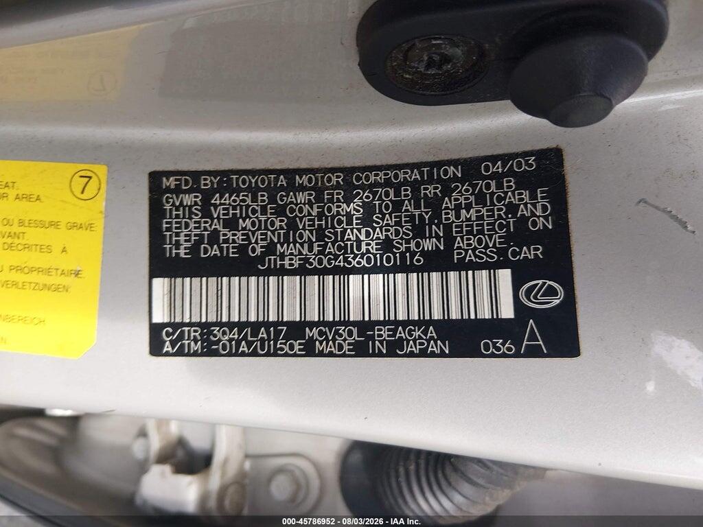 JTHBF30G436010116 2003 LEXUS ES 300 photo no. 9