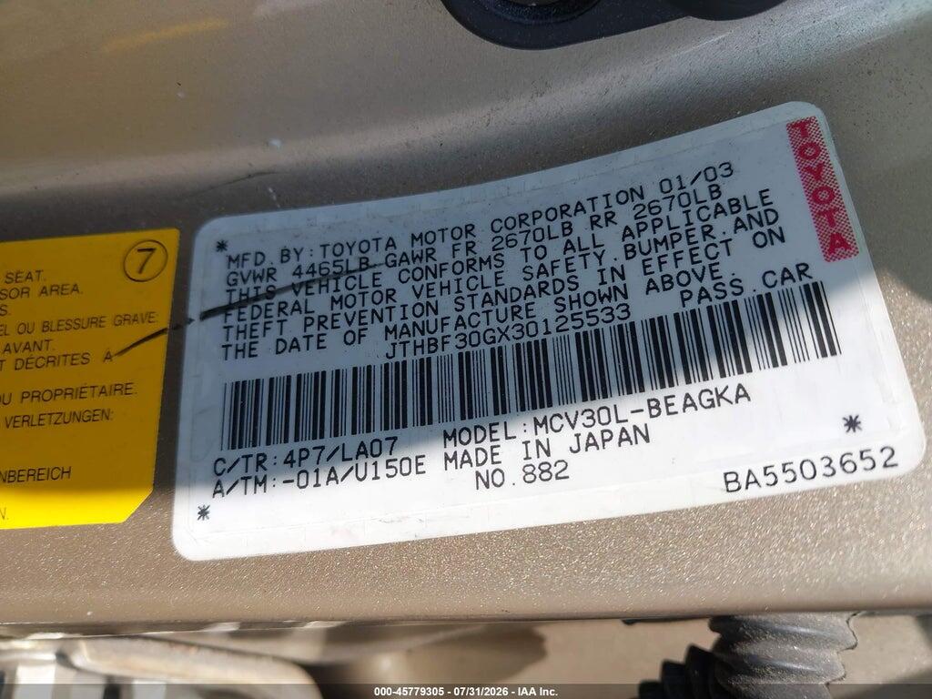 JTHBF30GX30125533 2003 LEXUS ES 300 photo no. 9