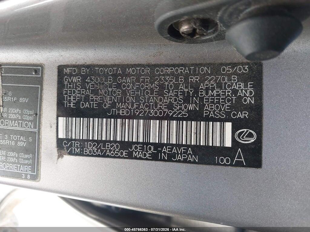 JTHBD192730079225 2003 LEXUS IS 300 photo no. 9