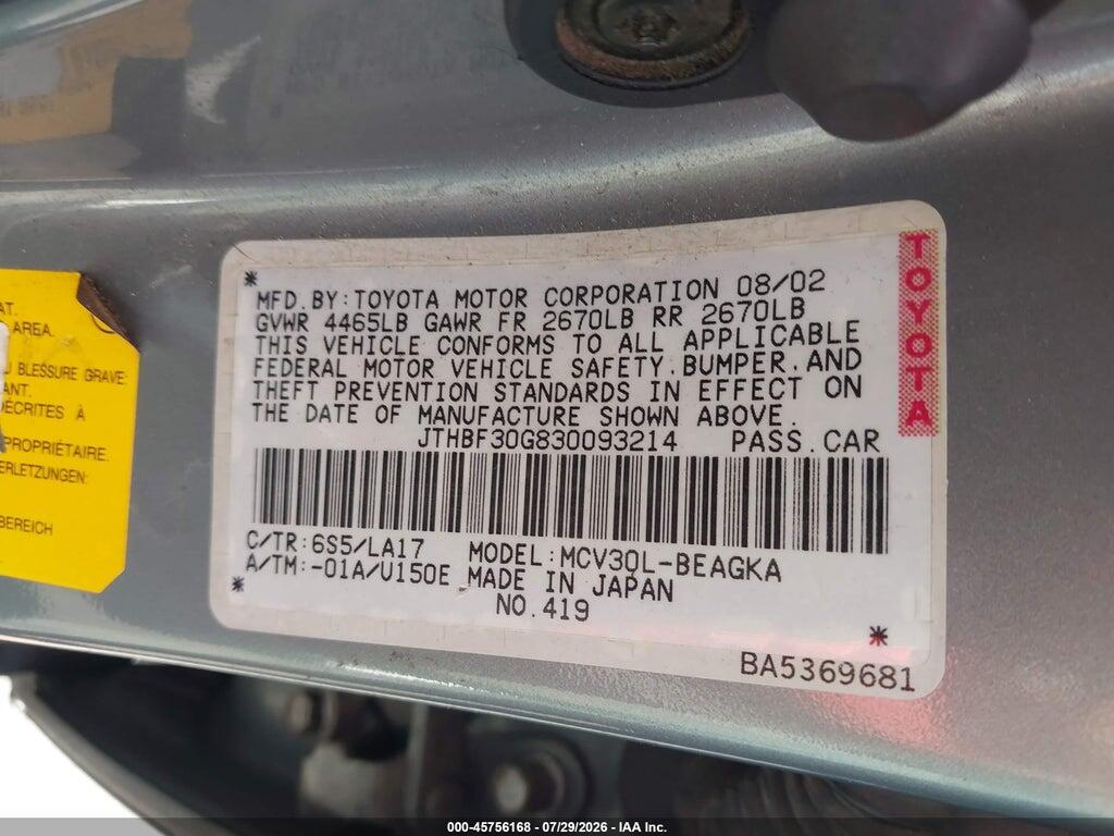 JTHBF30G830093214 2003 LEXUS ES 300 photo no. 9