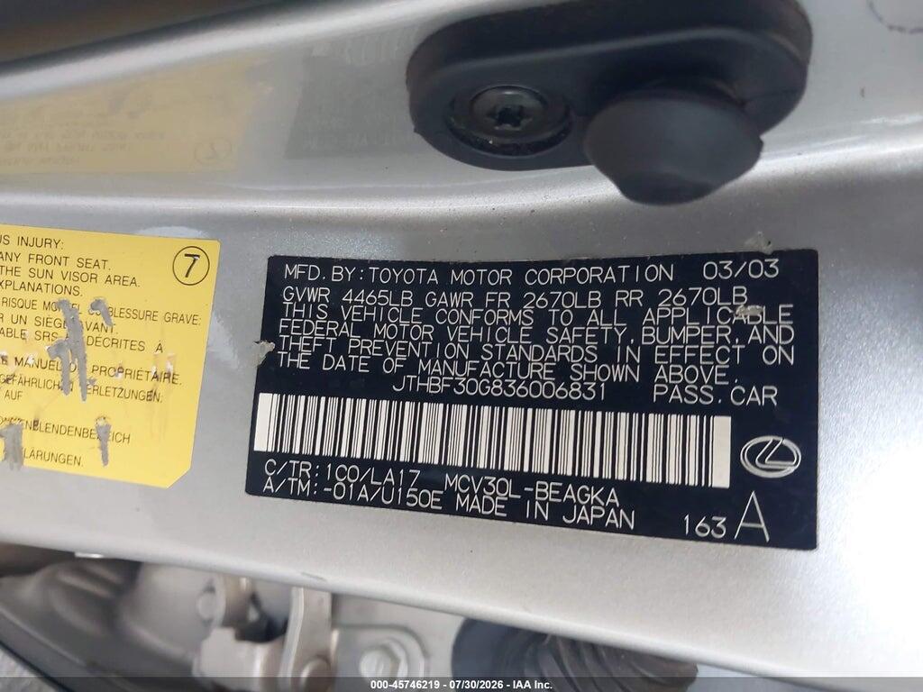 JTHBF30G836006831 2003 LEXUS ES 300 photo no. 9