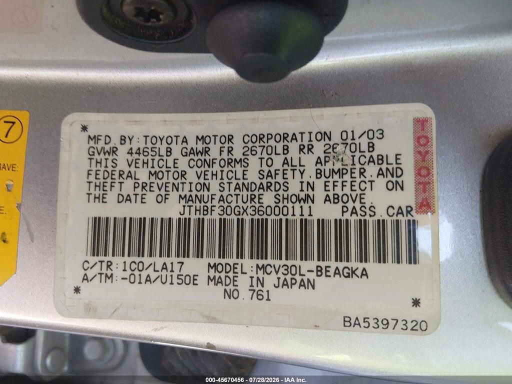 JTHBF30GX36000111 2003 LEXUS ES 300 photo no. 9