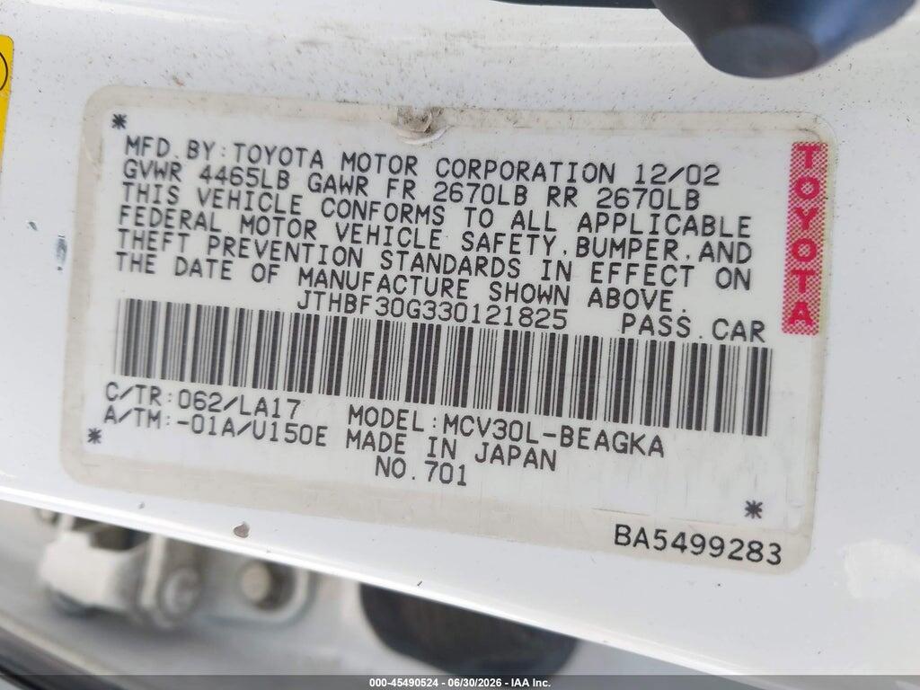 JTHBF30G330121825 2003 LEXUS ES 300 photo no. 9