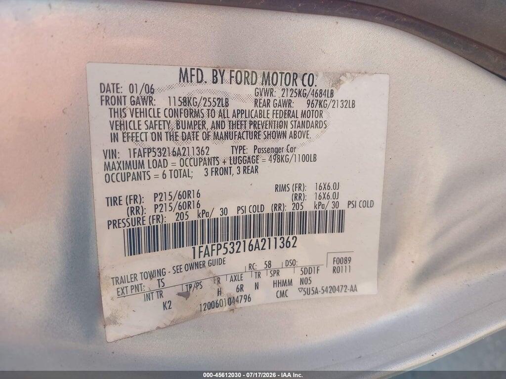1FAFP53216A211362 2006 FORD TAURUS photo no. 9
