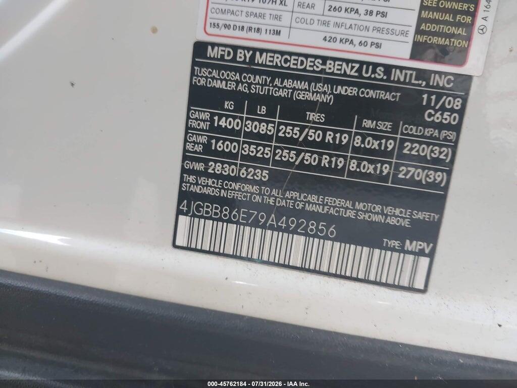 4JGBB86E79A492856 2009 MERCEDES-BENZ ML 350 photo no. 9