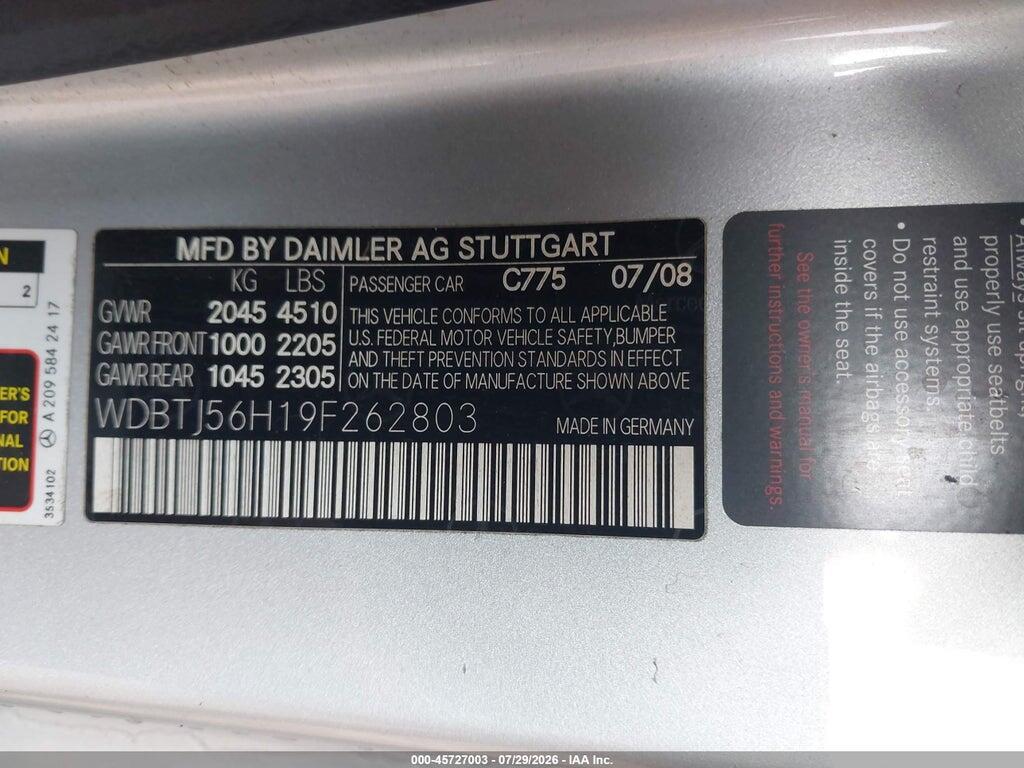 WDBTJ56H19F262803 2009 MERCEDES-BENZ CLK 350 photo no. 9