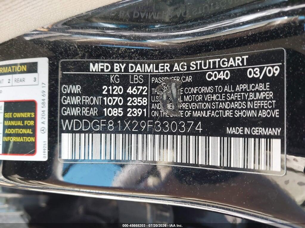 WDDGF81X29F330374 2009 MERCEDES-BENZ C 300 photo no. 9