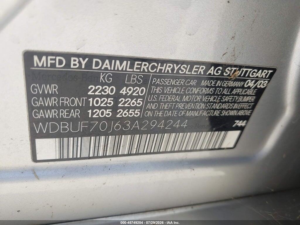 WDBUF70J63A294244 2003 MERCEDES-BENZ E 500 photo no. 9