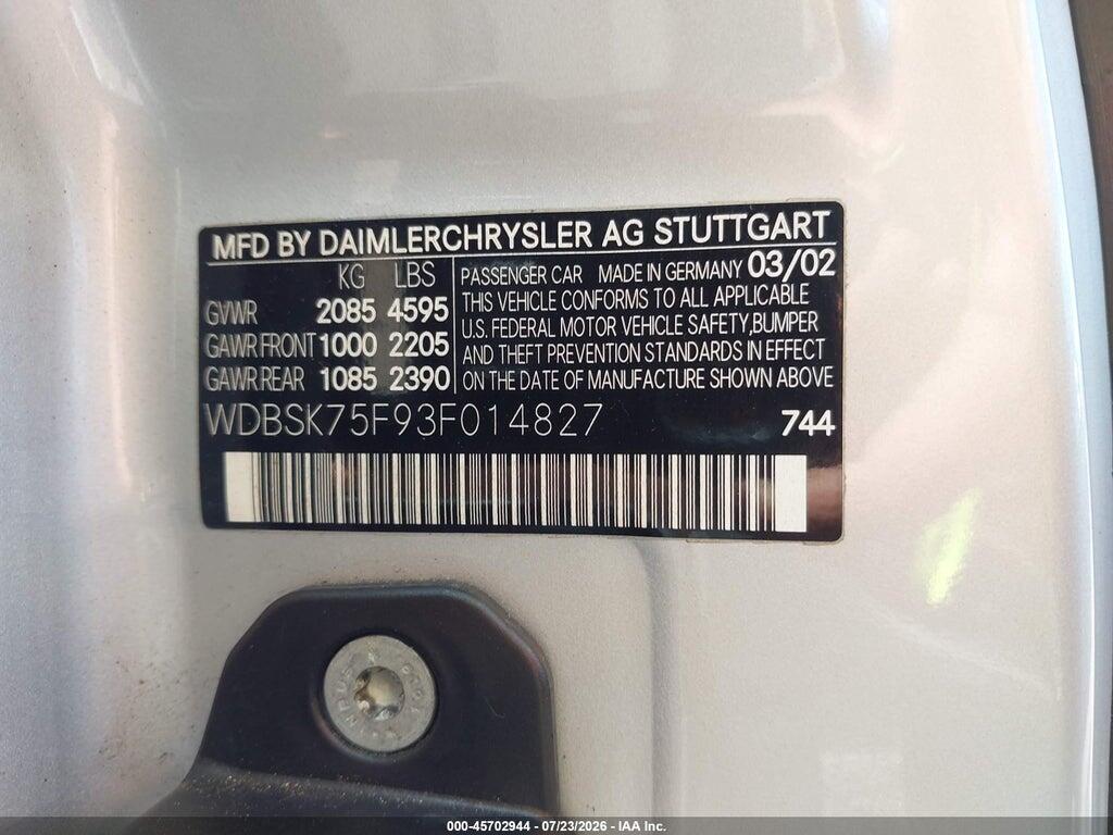 WDBSK75F93F014827 2003 MERCEDES-BENZ SL 500 photo no. 9