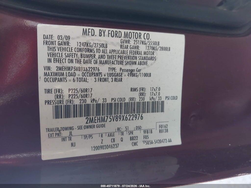 2MEHM75V89X622976 2009 MERCURY GRAND MARQUIS photo no. 9