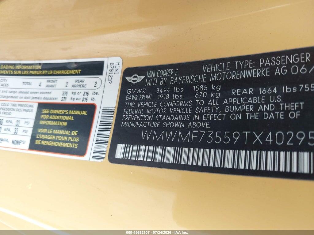WMWMF73559TX40295 2009 MINI COOPER S photo no. 9