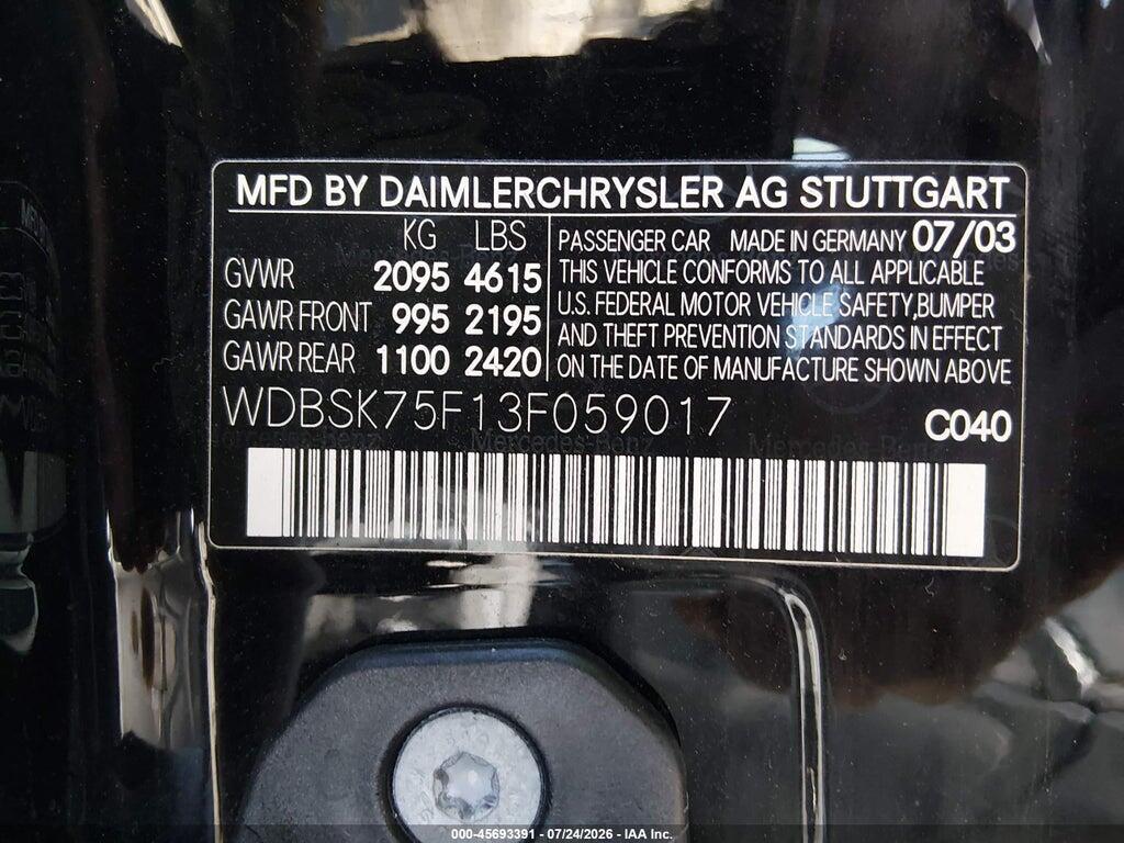 WDBSK75F13F059017 2003 MERCEDES-BENZ SL 500 photo no. 9