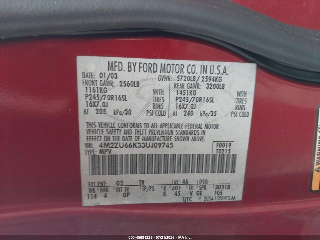 4M2ZU66K33UJ09745 2003 MERCURY MOUNTAINEER photo no. 9