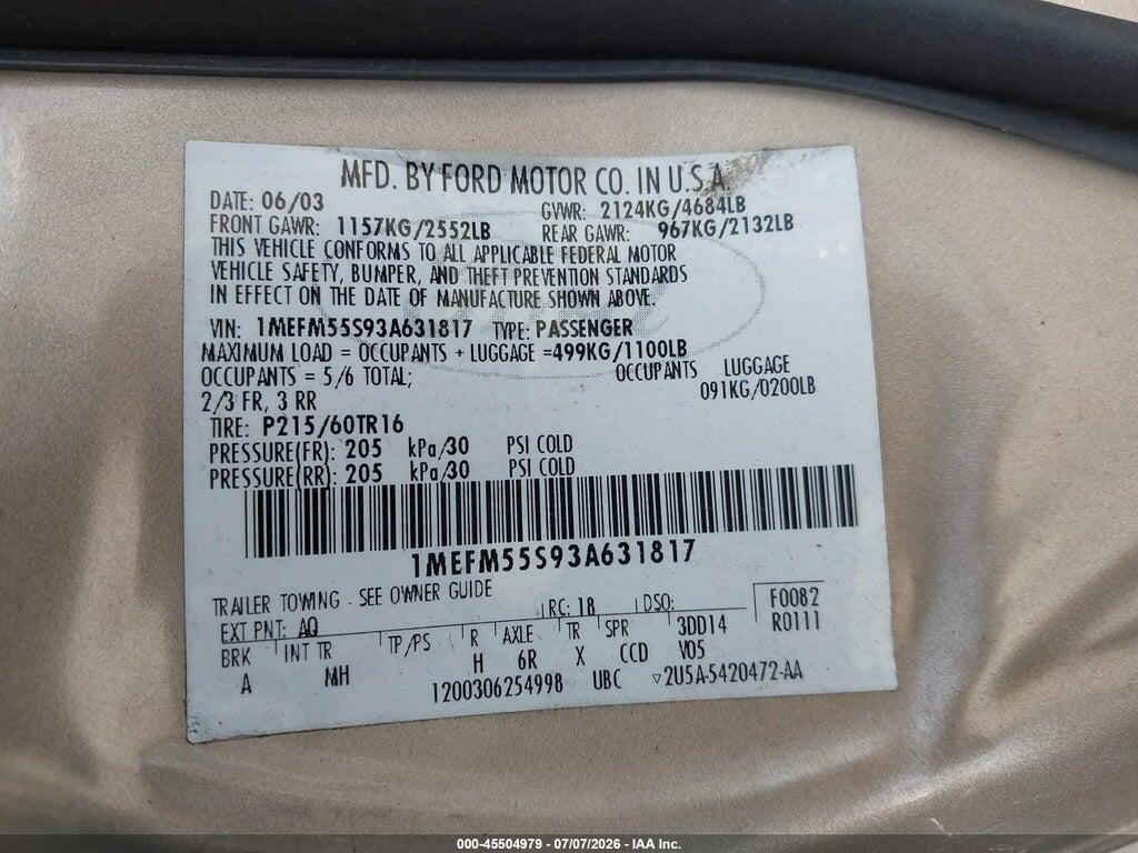 1MEFM55S93A631817 2003 MERCURY SABLE photo no. 9