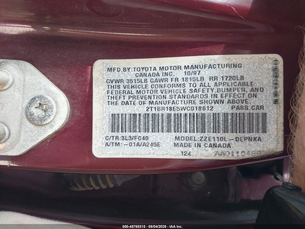 2T1BR18E5WC018612 1998 TOYOTA COROLLA photo no. 9