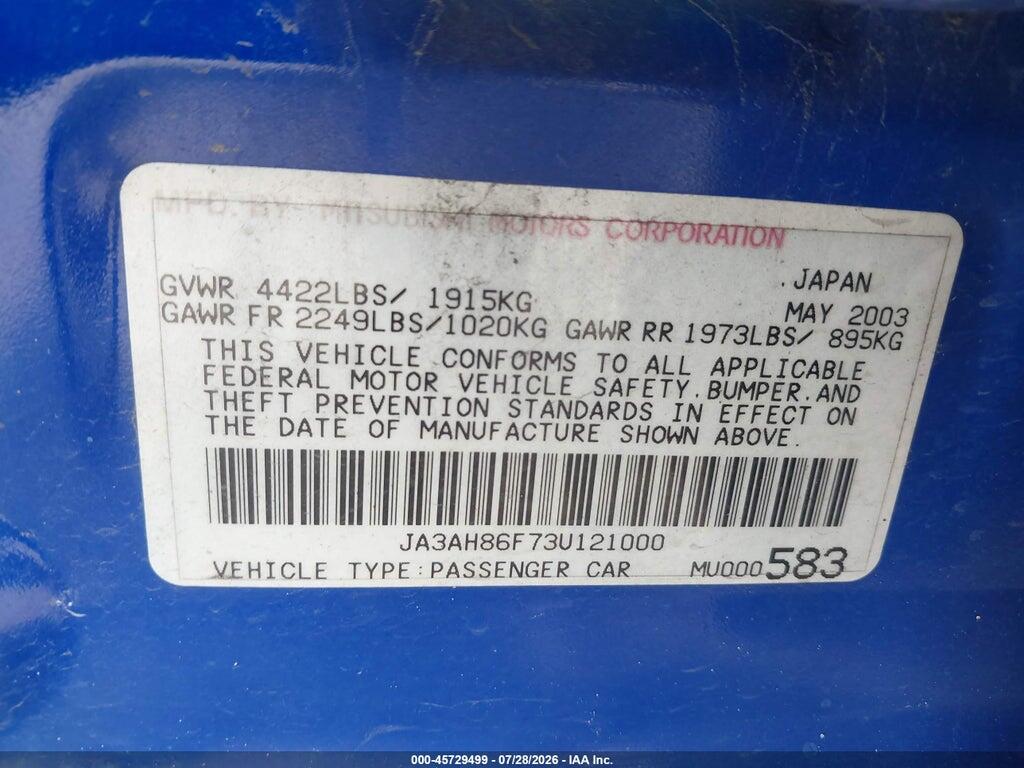 JA3AH86F73U121000 2003 MITSUBISHI LANCER EVOLUTION photo no. 9