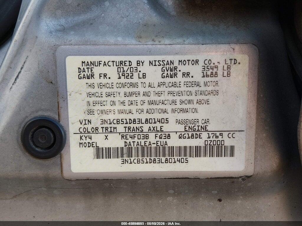 3N1CB51D83L801405 2003 NISSAN SENTRA photo no. 9