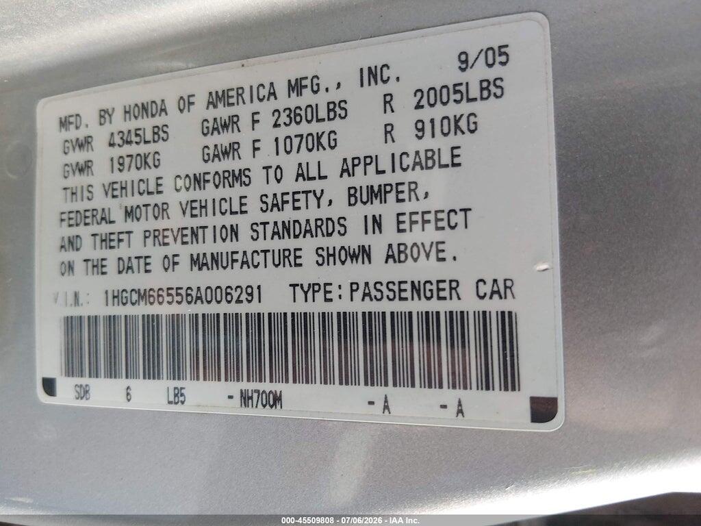 1HGCM66556A006291 2006 HONDA ACCORD photo no. 9