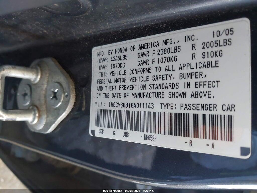 1HGCM66816A011143 2006 HONDA ACCORD photo no. 9