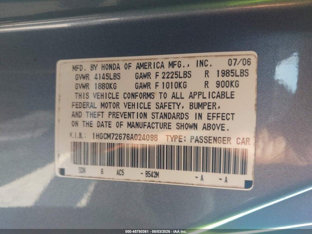1HGCM72676A024098 2006 HONDA ACCORD photo no. 9