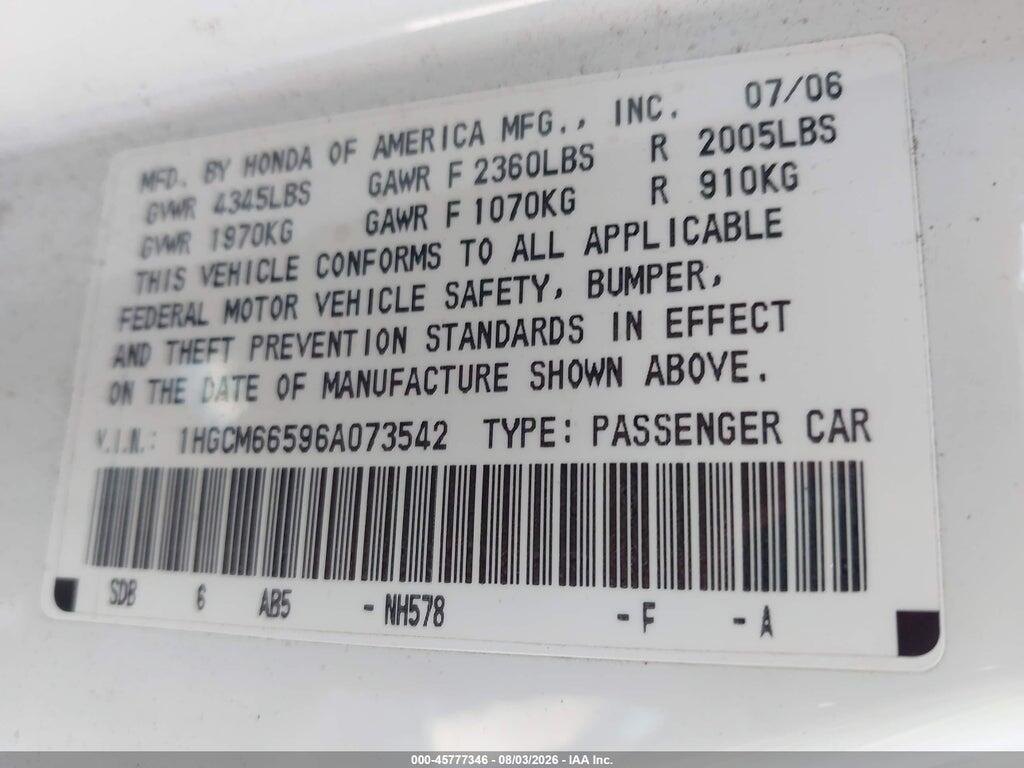 1HGCM66596A073542 2006 HONDA ACCORD photo no. 9